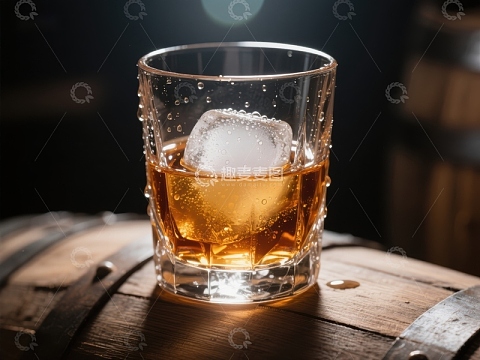 冰块与琥珀色酒液在玻璃杯中