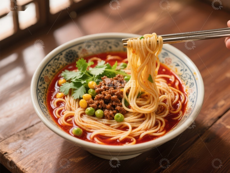 高清大图下载【趣麦麦图】热辣红油拌面，筷子挑起面条