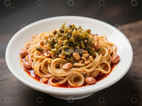 麻辣拌面配花生与酸豆角