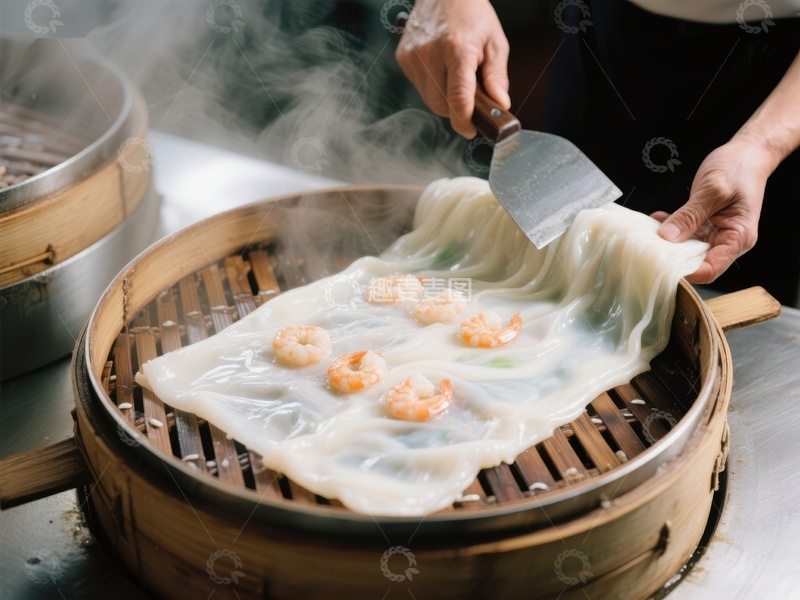 高清大图下载【趣麦麦图】蒸笼中的虾仁肠粉制作