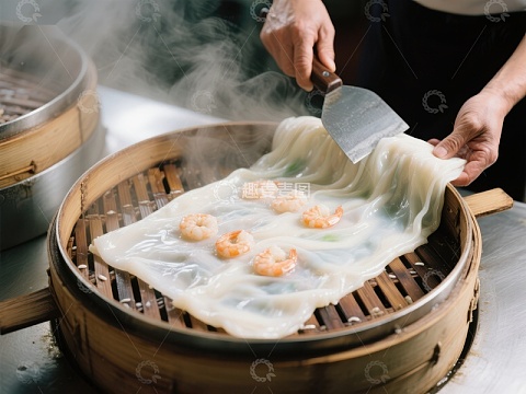 蒸笼中的虾仁肠粉制作