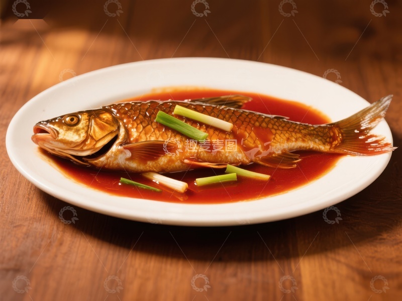 高清大图下载【趣麦麦图】红烧鱼配葱段，色泽诱人