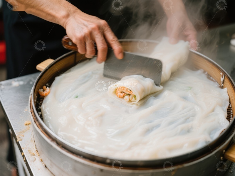 高清大图下载【趣麦麦图】手工制作肠粉，蒸汽缭绕