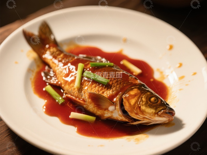高清大图下载【趣麦麦图】红烧鱼配葱段，色泽诱人