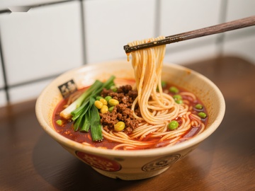 热辣面条配青葱与豆粒