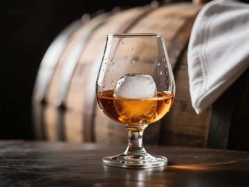 威士忌酒杯与冰块，背景为木桶