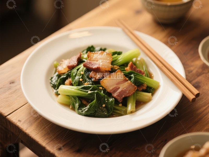 高清大图下载【趣麦麦图】炒青菜配五花肉的美味佳肴
