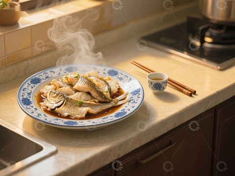 热气腾腾的清蒸鱼摆盘
