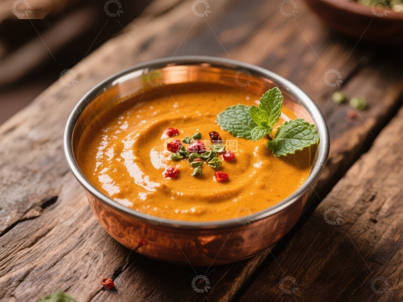 高清大图下载【趣麦麦图】香浓橙色酱料，点缀薄荷与辣椒