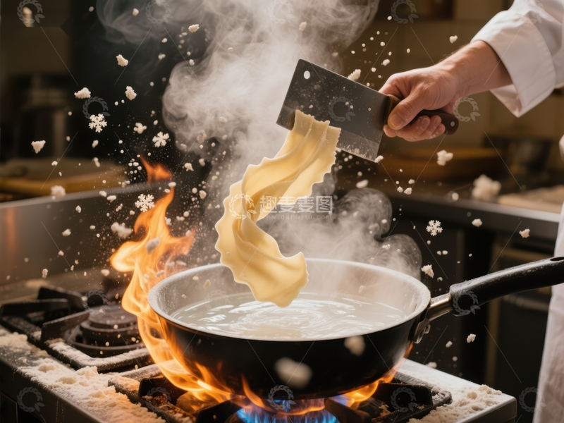 高清大图下载【趣麦麦图】厨师翻炒面食，火焰四溅