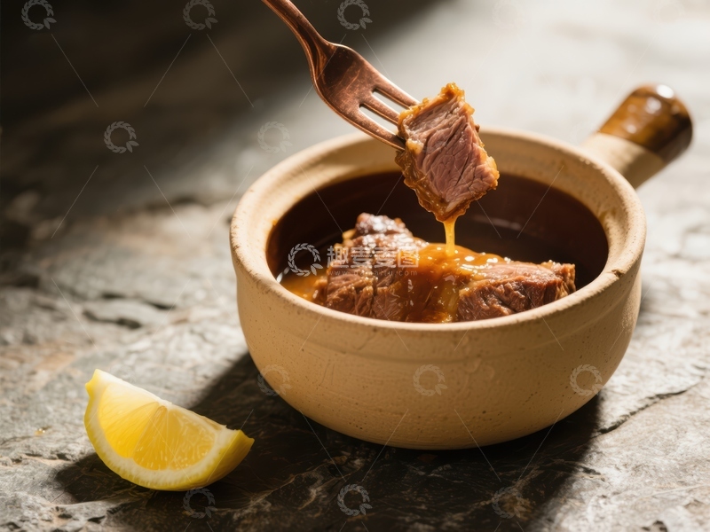 高清大图下载【趣麦麦图】叉子夹起碗中炖肉，旁配柠檬