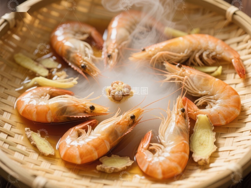 高清大图下载【趣麦麦图】蒸虾与姜片的美味呈现