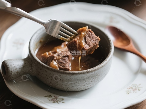 叉子夹起炖牛肉，浓郁汤汁滴落