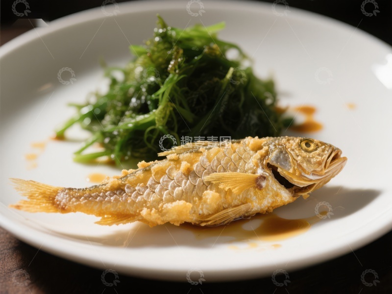 高清大图下载【趣麦麦图】金黄酥炸鱼配绿藻沙拉