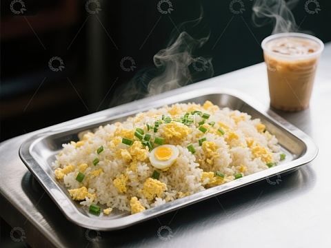 热腾腾的炒饭配鸡蛋和葱花