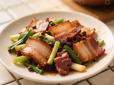香辣腊肉炒青蒜美食