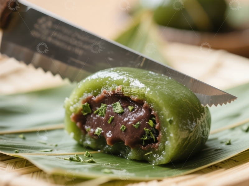 高清大图下载【趣麦麦图】刀切青团，豆沙馅料清晰可见