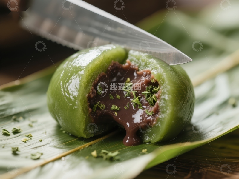 高清大图下载【趣麦麦图】刀切青团，内馅流出