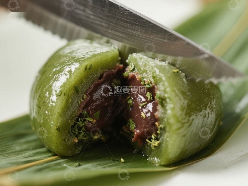 高清大图下载【趣麦麦图】刀切抹茶团子，露出红豆馅