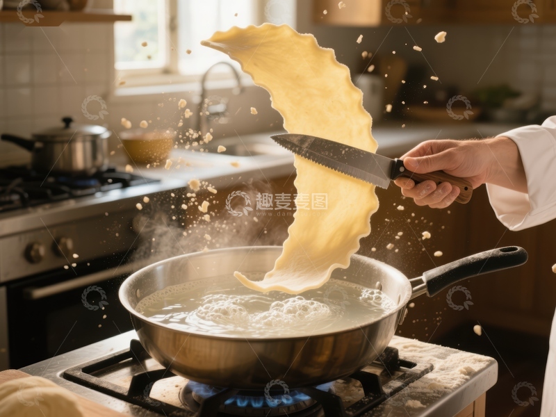 高清大图下载【趣麦麦图】厨师用刀切割面团，准备烹饪