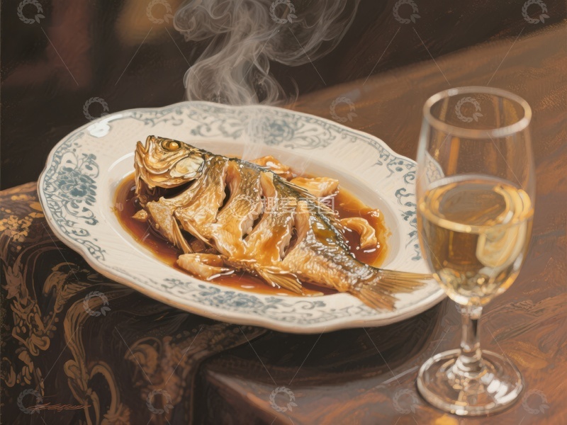 高清大图下载【趣麦麦图】清蒸鱼配白葡萄酒