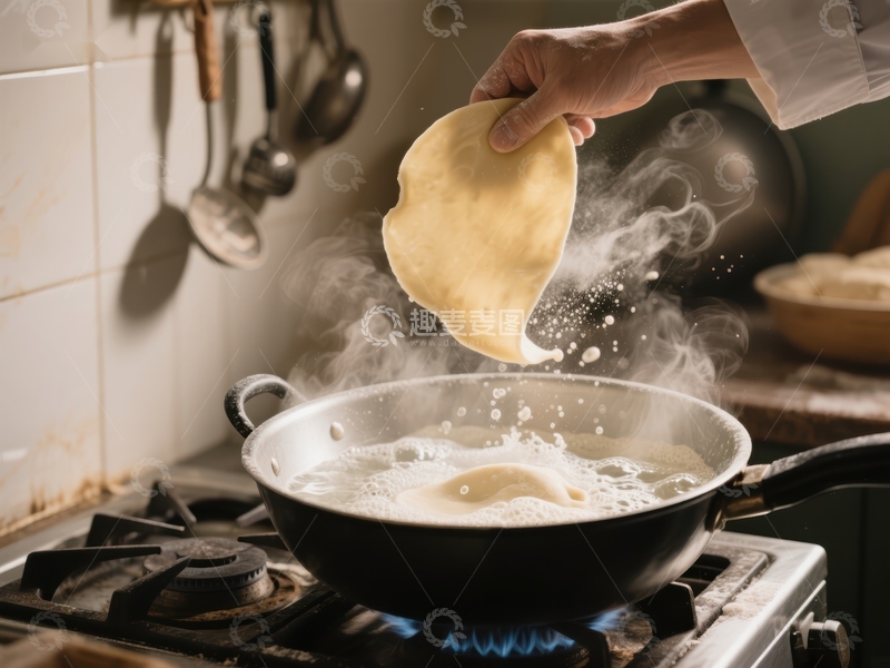 高清大图下载【趣麦麦图】厨师将面饼放入热油锅中