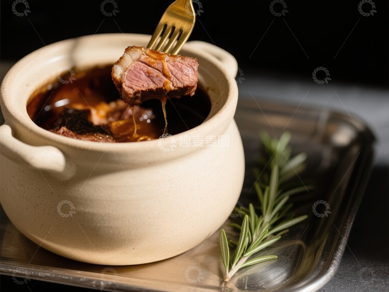 高清大图下载【趣麦麦图】叉子夹起炖锅中的嫩肉