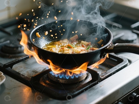 火焰中的炒锅：食材翻炒瞬间