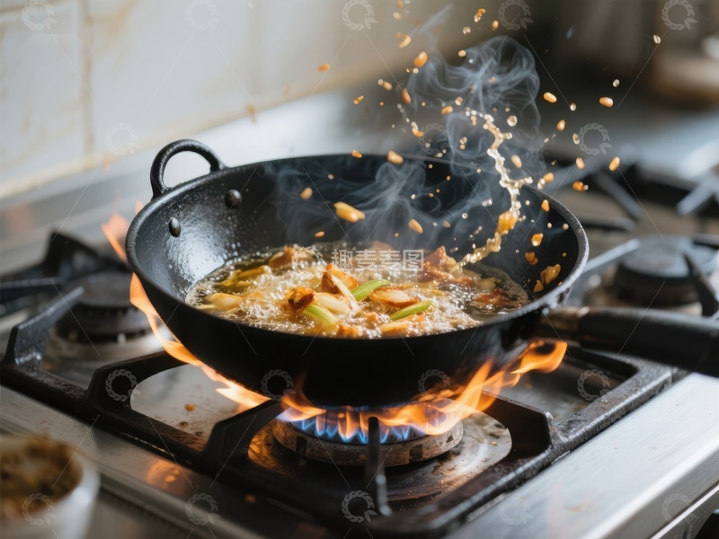 高清大图下载【趣麦麦图】-炒锅中的食材翻炒，火焰四溢