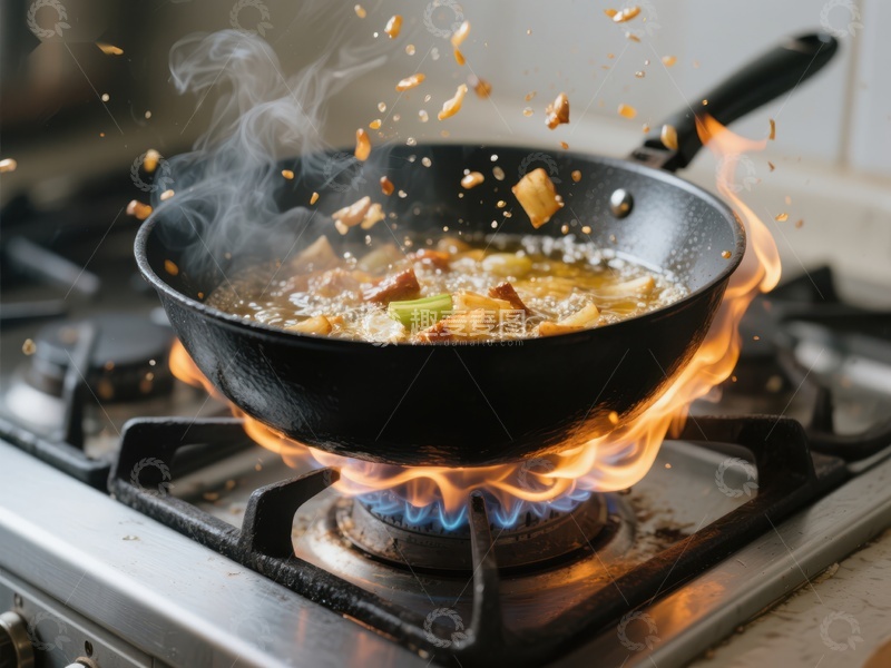 高清大图下载【趣麦麦图】-火焰中的炒锅：食材飞溅瞬间