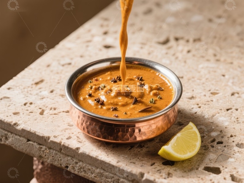高清大图下载【趣麦麦图】香料浓郁的酱汁倒入铜碗