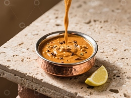 香料浓郁的酱汁倒入铜碗