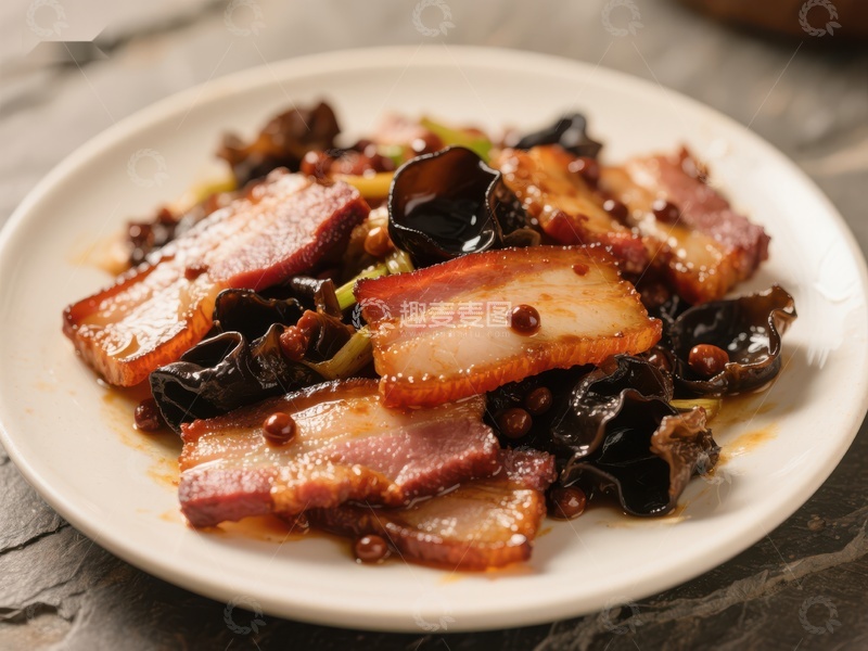 高清大图下载【趣麦麦图】美味腊肉炒木耳，色泽诱人