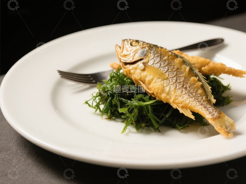 高清大图下载【趣麦麦图】酥炸鱼配绿叶蔬菜