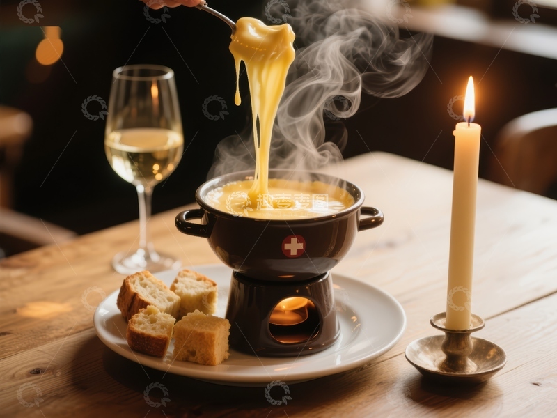 高清大图下载【趣麦麦图】热气腾腾的奶酪火锅配面包和白葡萄酒