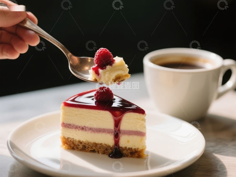 高清大图下载【趣麦麦图】咖啡与芝士蛋糕的美味瞬间