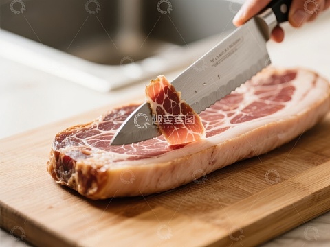 切割腌制肉片的瞬间