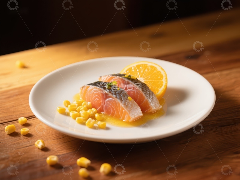 高清大图下载【趣麦麦图】三文鱼配玉米与橙片的美味摆盘