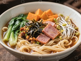 美味面条配蔬菜、豆芽和午餐肉