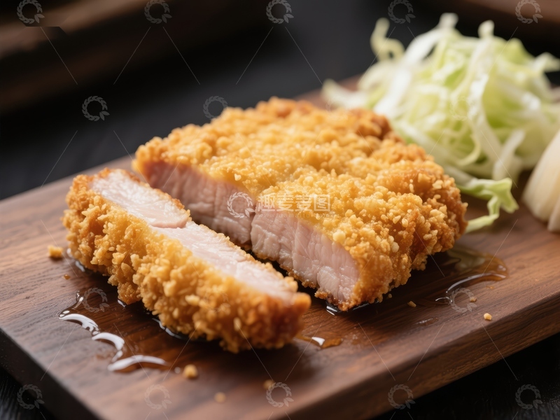 高清大图下载【趣麦麦图】酥脆猪排配生菜，美味日式料理
