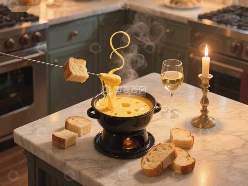 高清大图下载【趣麦麦图】奶酪火锅与面包片的温馨场景