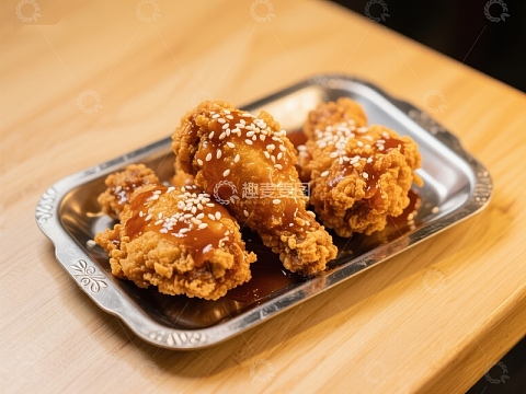 酥脆炸鸡配酱汁，撒上芝麻