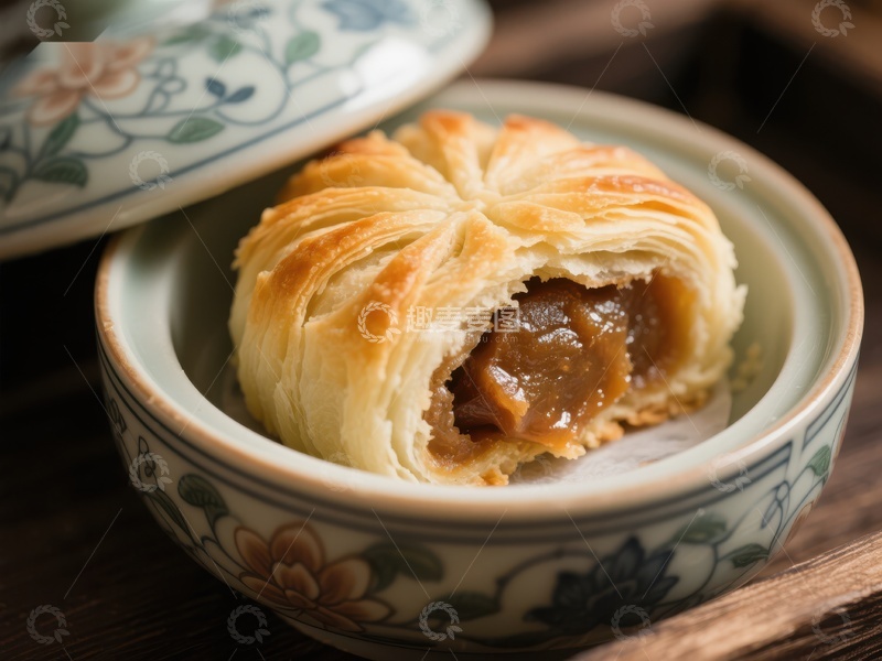 高清大图下载【趣麦麦图】酥皮馅饼置于精美瓷碗中
