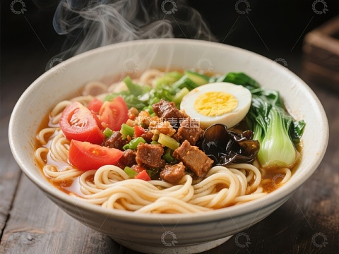 热腾腾的牛肉面配蔬菜和鸡蛋