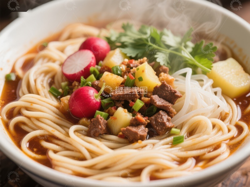 高清大图下载【趣麦麦图】热腾腾的牛肉面配萝卜和香菜