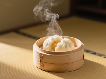 热气腾腾的包子在竹蒸笼中