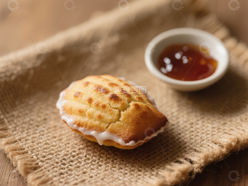 高清大图下载【趣麦麦图】酥皮糕点配果酱，置于麻布之上