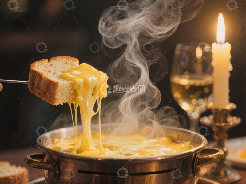 高清大图下载【趣麦麦图】热气腾腾的奶酪火锅与面包