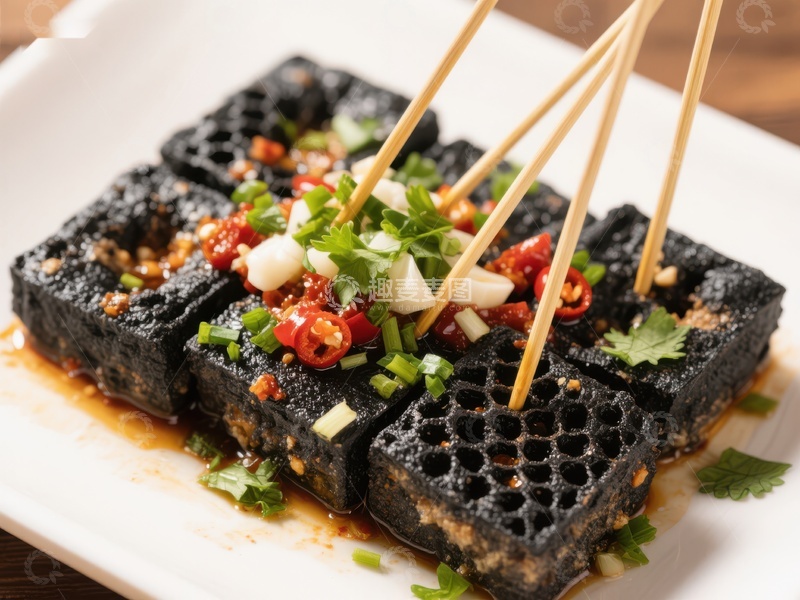 高清大图下载【趣麦麦图】黑豆腐配香菜辣椒，筷子点缀