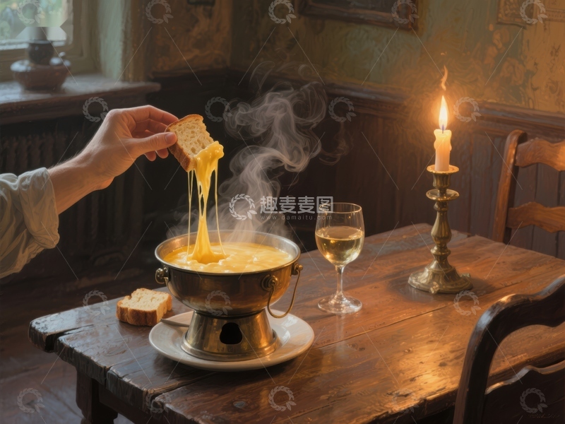 高清大图下载【趣麦麦图】热奶酪火锅与面包的美味瞬间